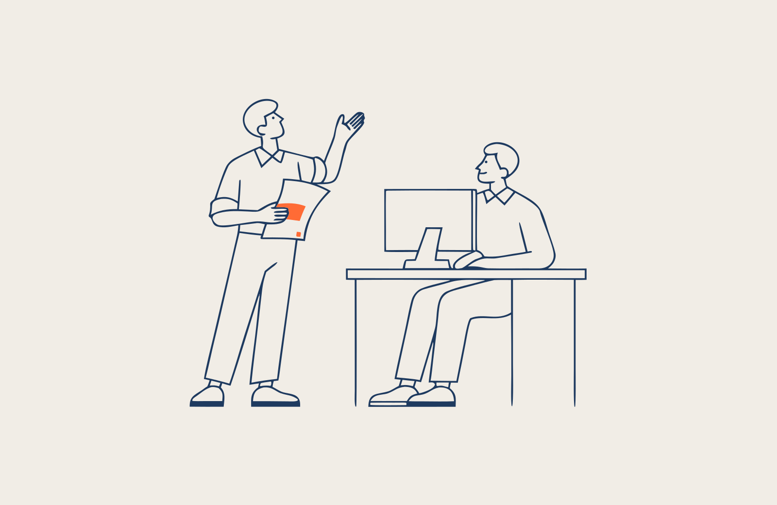Illustration au trait : un collaborateur, une feuille à la main, lève la main pour demander l'aval d'un responsable assis à son bureau.