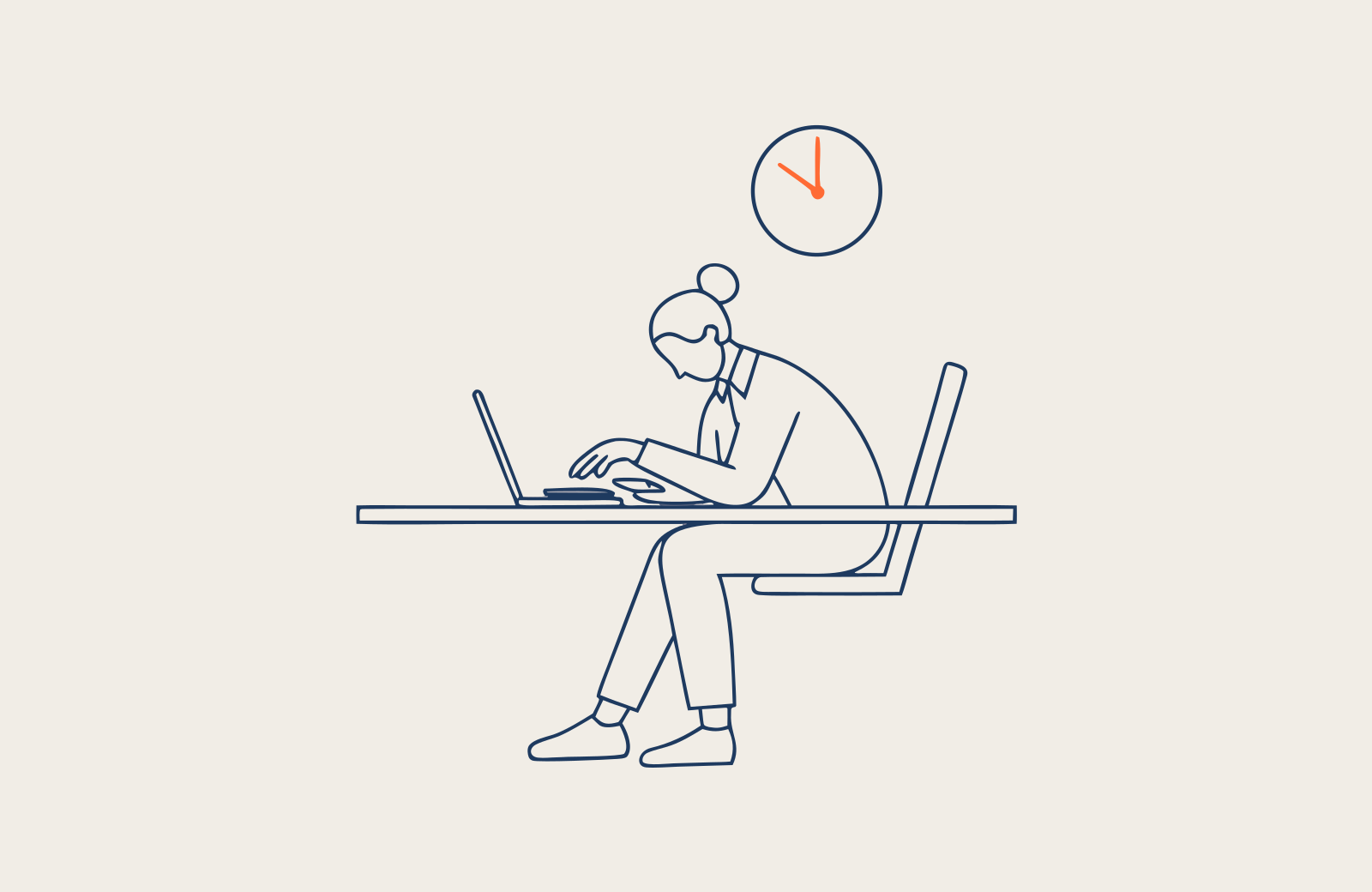 Illustration au trait : en début d'après-midi, une personne avachie à son bureau tend la main vers son téléphone, une horloge marque environ 14h.