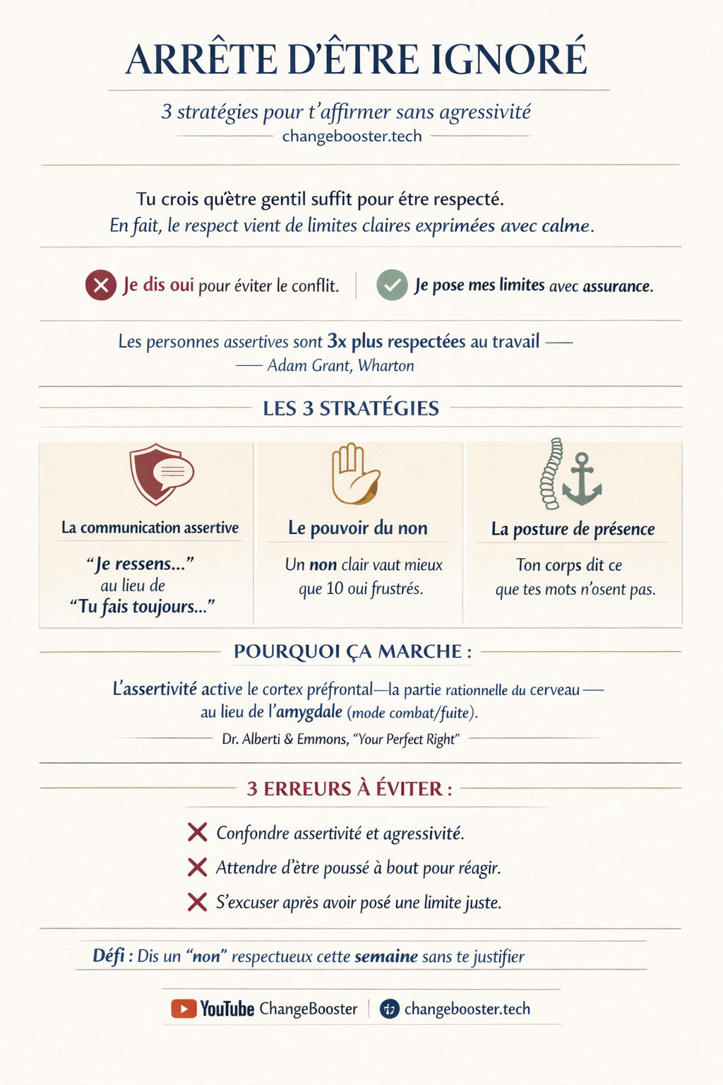 Infographie Cesse d'Être Ignoré : 3 Stratégies pour T'affirmer et Gagner du Respect — ChangeBooster
