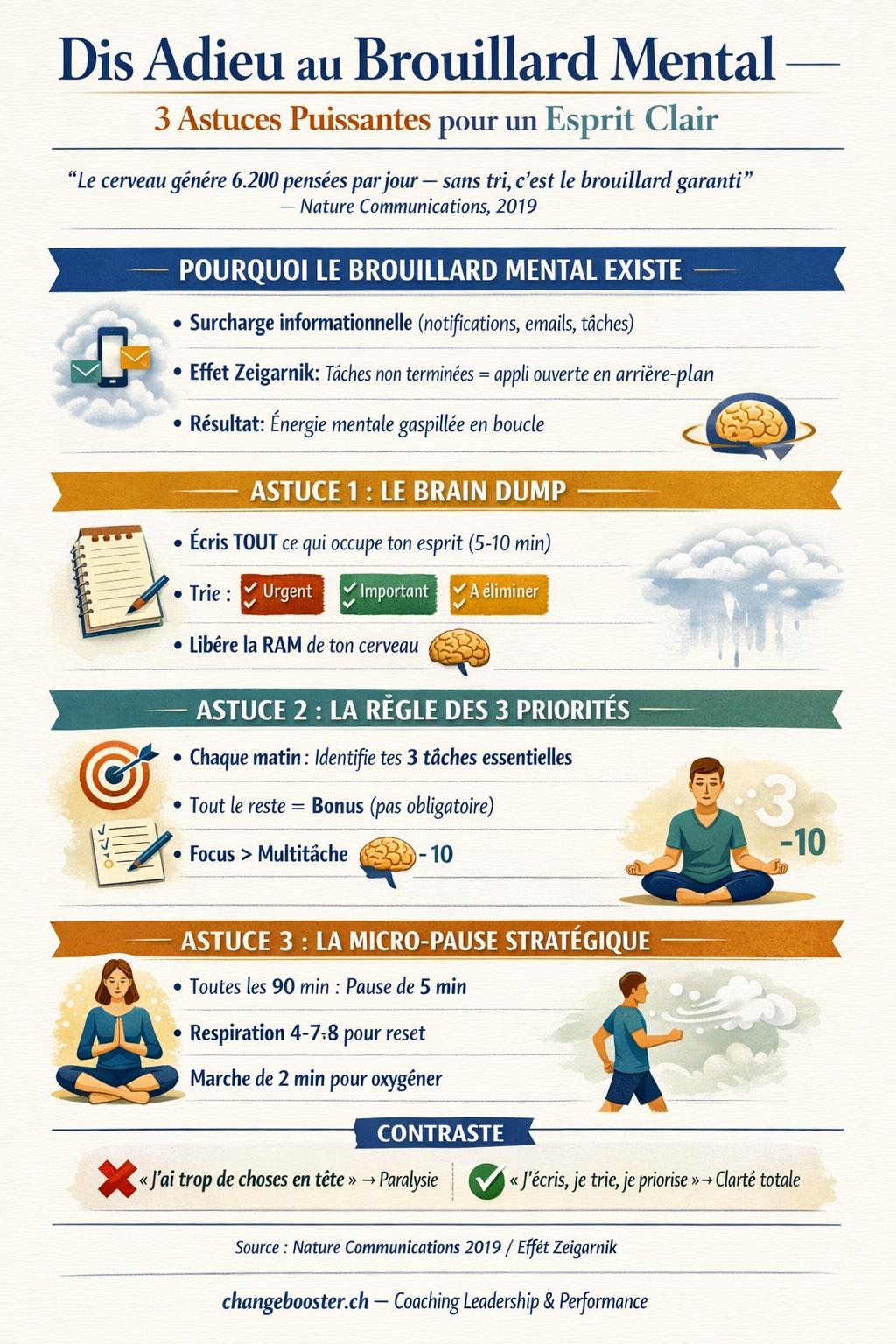 Infographie Dis Adieu au Brouillard Mental : 3 Astuces Puissantes Pour un Esprit Clair — ChangeBooster