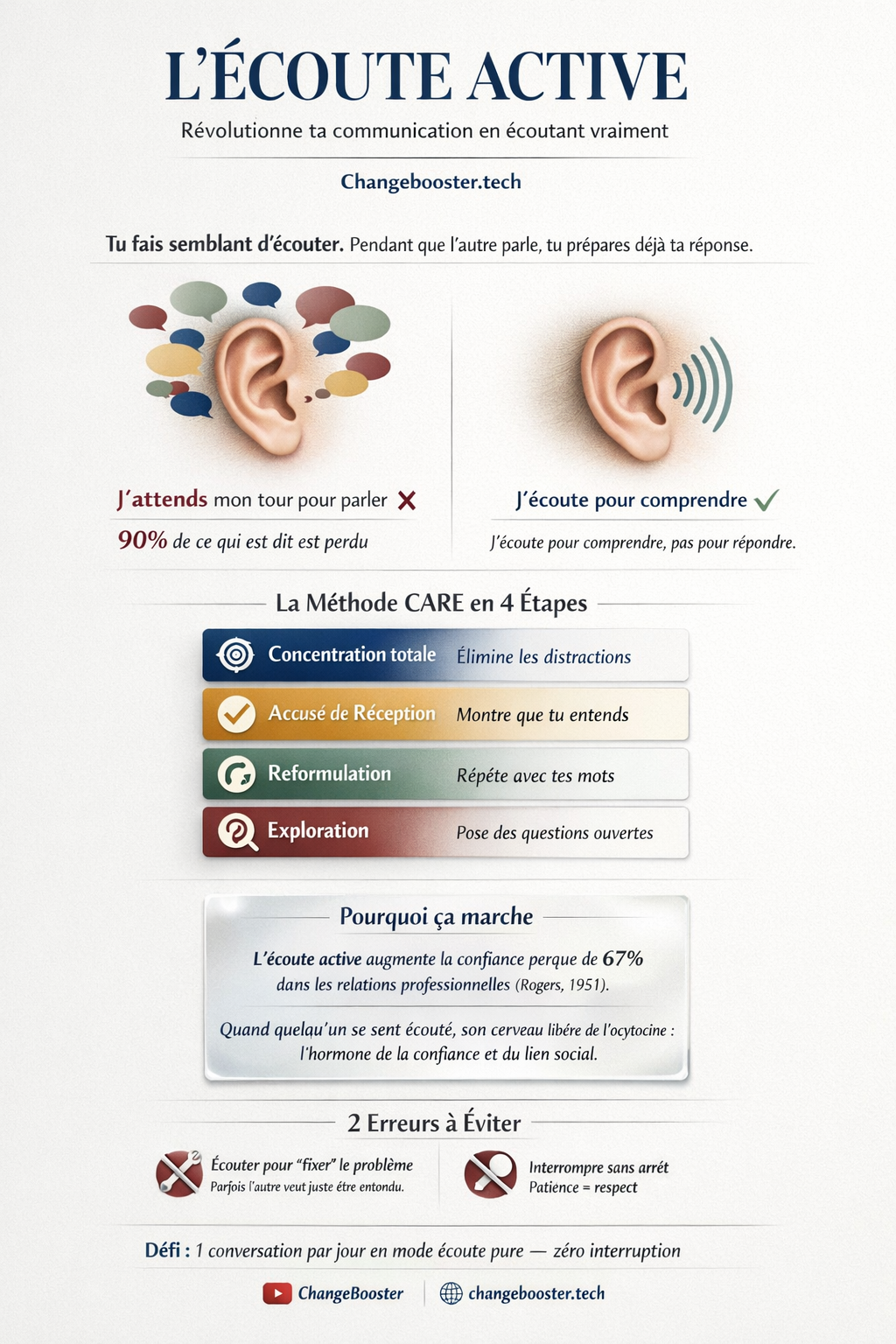 Infographie : L'Écoute Active — 5 Techniques pour Créer de la Vraie Connexion