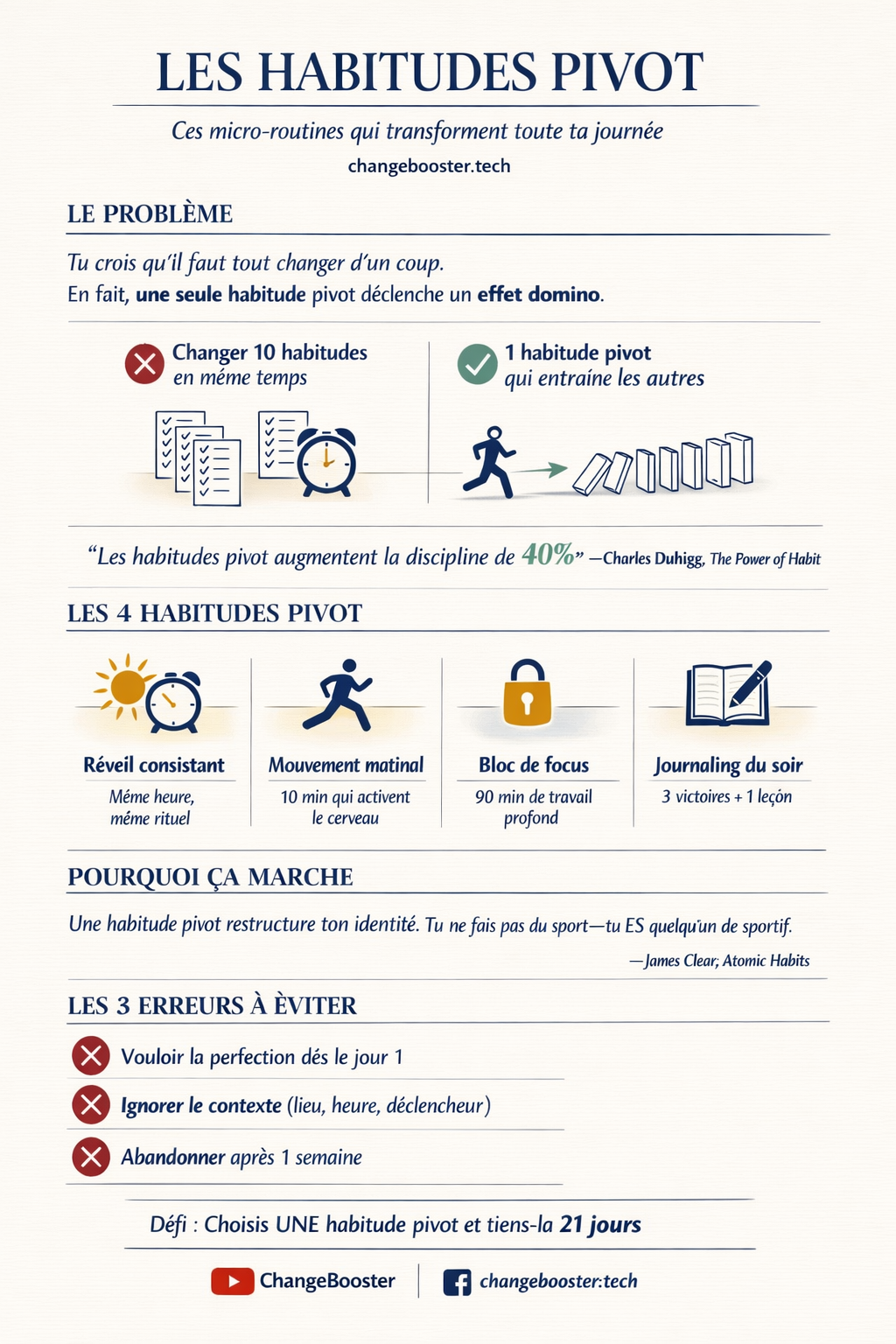 Infographie Booste ta Productivité : Intègre des Habitudes Pivot pour une Vie Optimisée ! — ChangeBooster