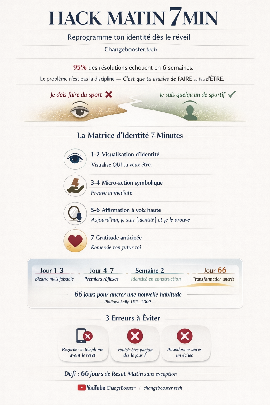 Infographie : Hack Matin 7 Min — La matrice d'identité pour reprogrammer ton réveil