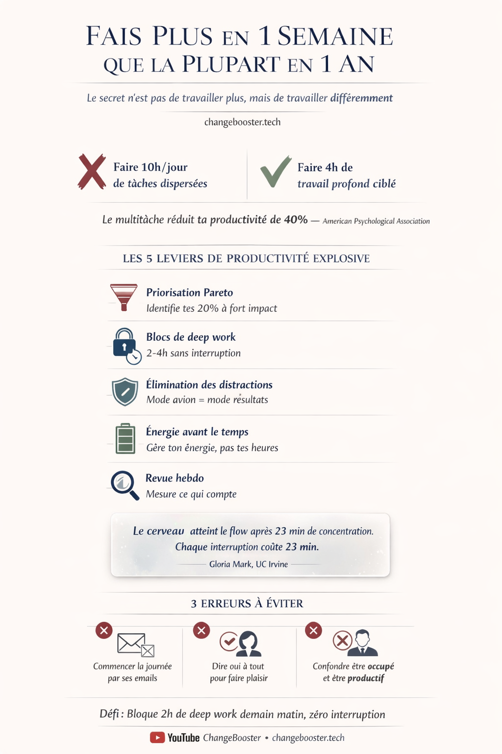 Infographie Booste ta productivité — Fais plus en une semaine que la plupart en un an — ChangeBooster
