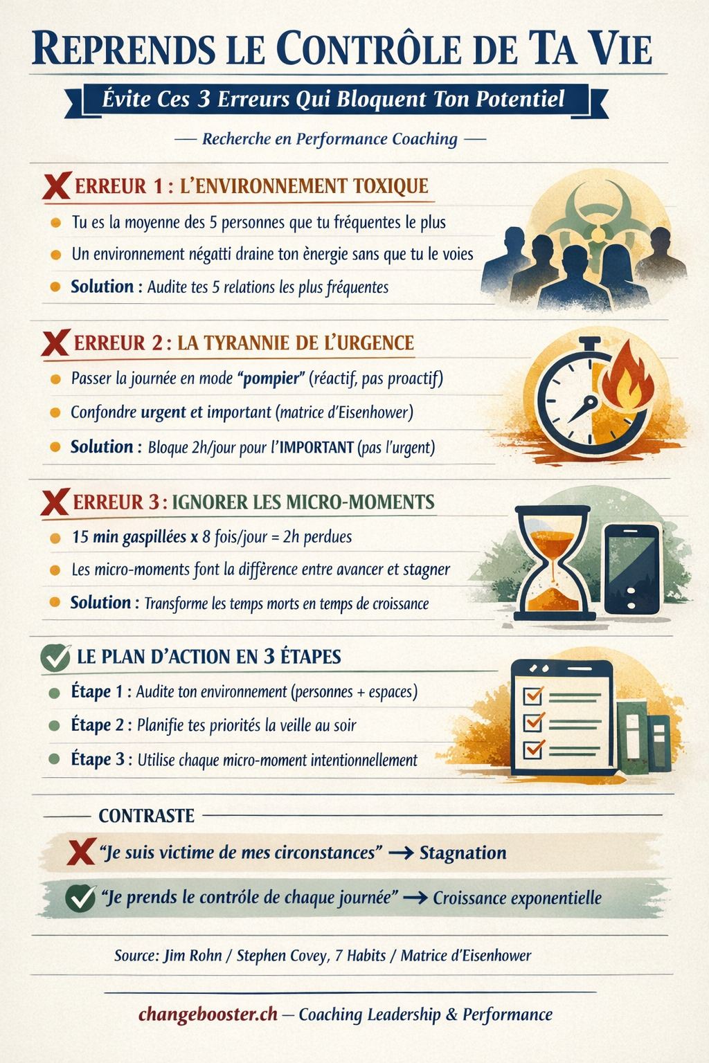 Infographie Reprends le contrôle de ta vie : libère ton potentiel en évitant ces 3 erreurs — ChangeBooster