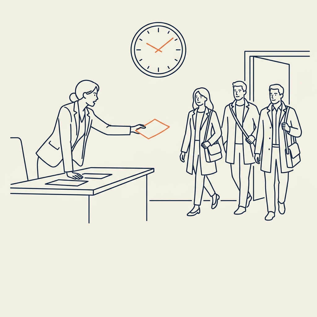 Illustration au trait : fin de journée au bureau, des collègues partent détendus pendant qu'une manageuse tend encore un document — la scène type du management transversal.