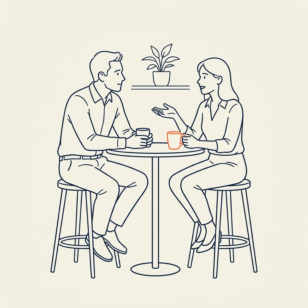 Illustration au trait : deux collègues au coin café, l'un penché en avant qui écoute vraiment — l'enquête de 15 minutes.