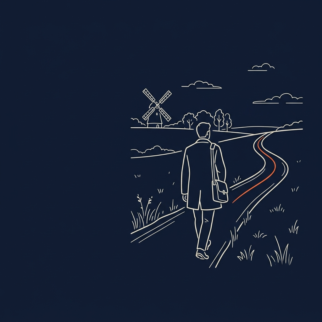 Illustration au trait : une personne de dos avance sur un chemin, laissant derrière elle un moulin à vent — décider sur des faits, pas sur la frustration.