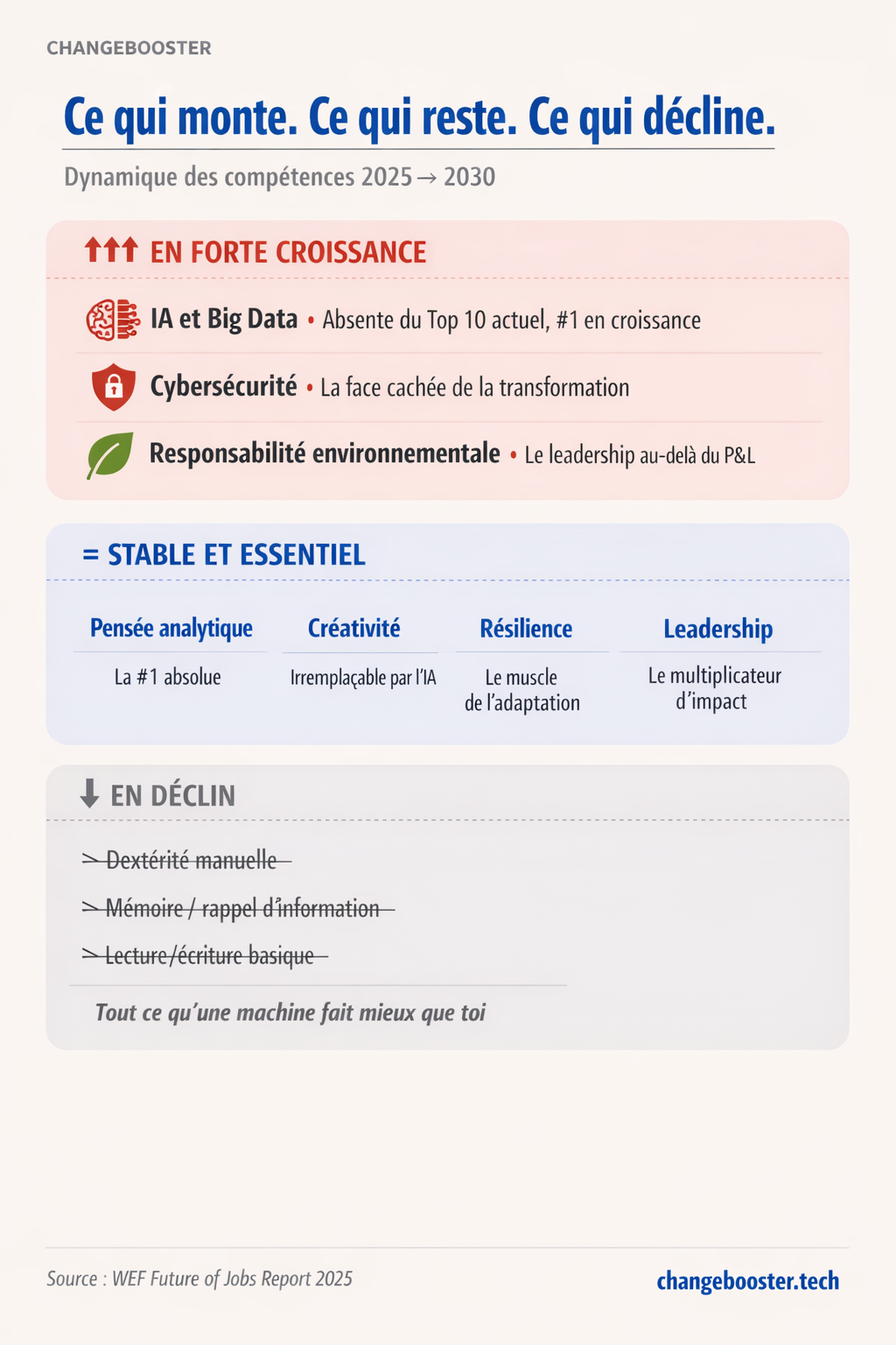 Dynamique des compétences 2025 vers 2030 — ce qui monte, ce qui reste stable, ce qui décline