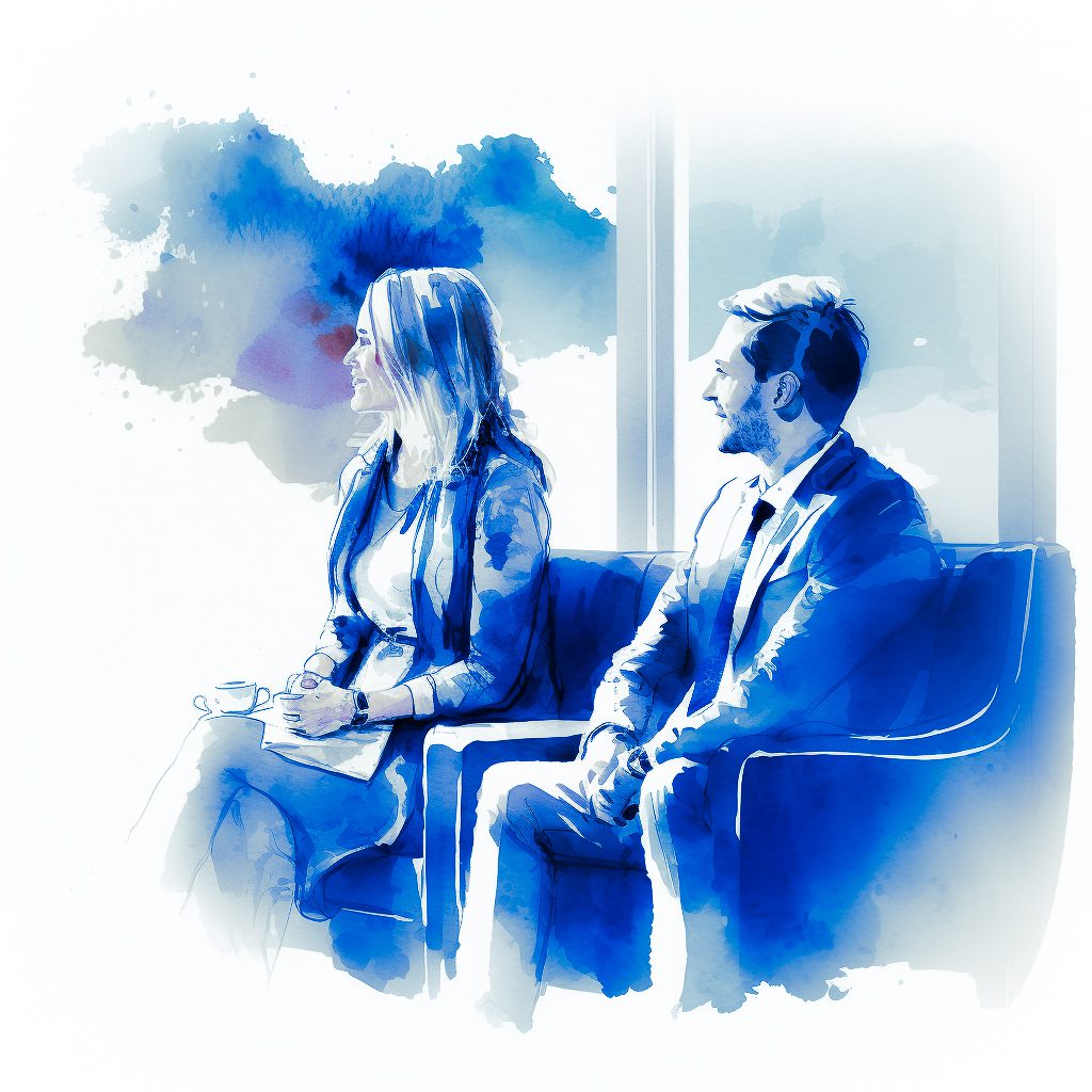 cj71 a joyful side view of two people confident sitting in coac 1e1ea6a7 fc87 4273 a800 3645eacea5b6